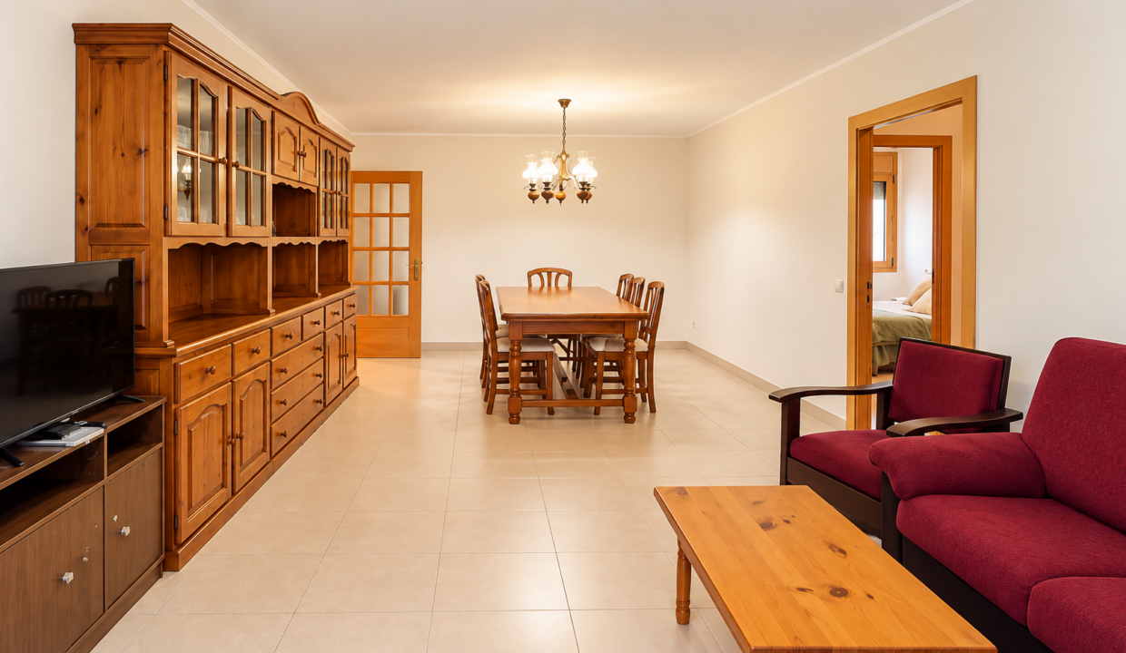 Salón clásico con comedor y hutch de madera